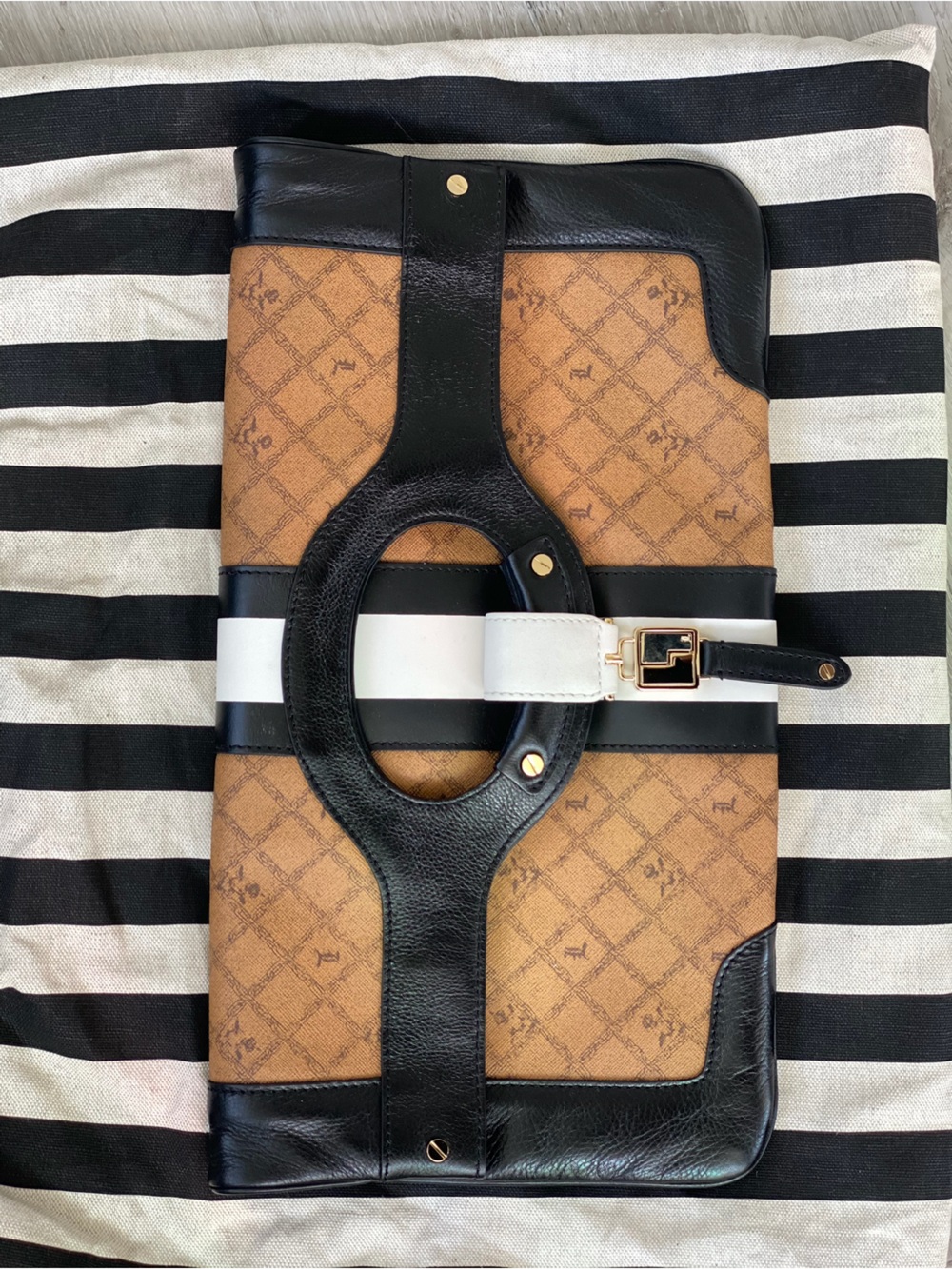 L.A.M.B. Tan Monogram Carisle lClutch with Black & White Strap